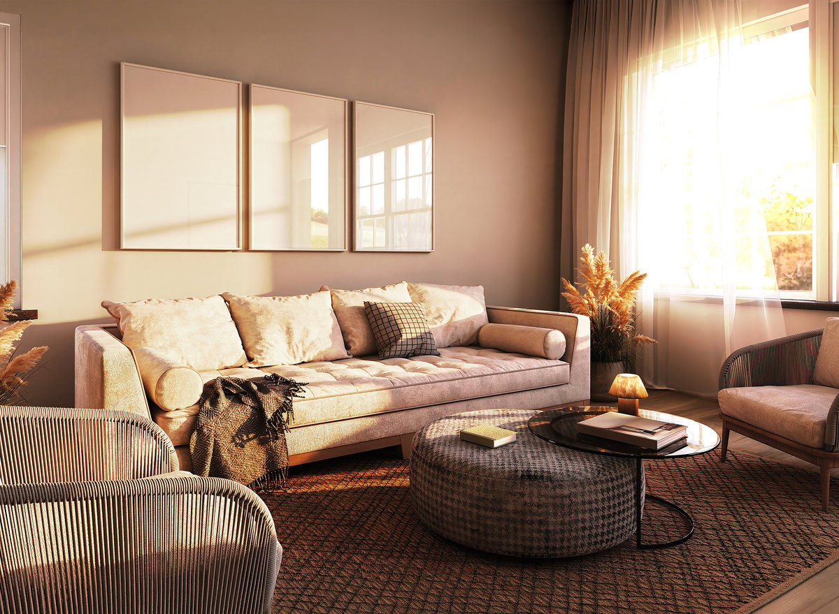 Professionally painted living room interior with warm neutral walls, white ceiling and fresh trim
